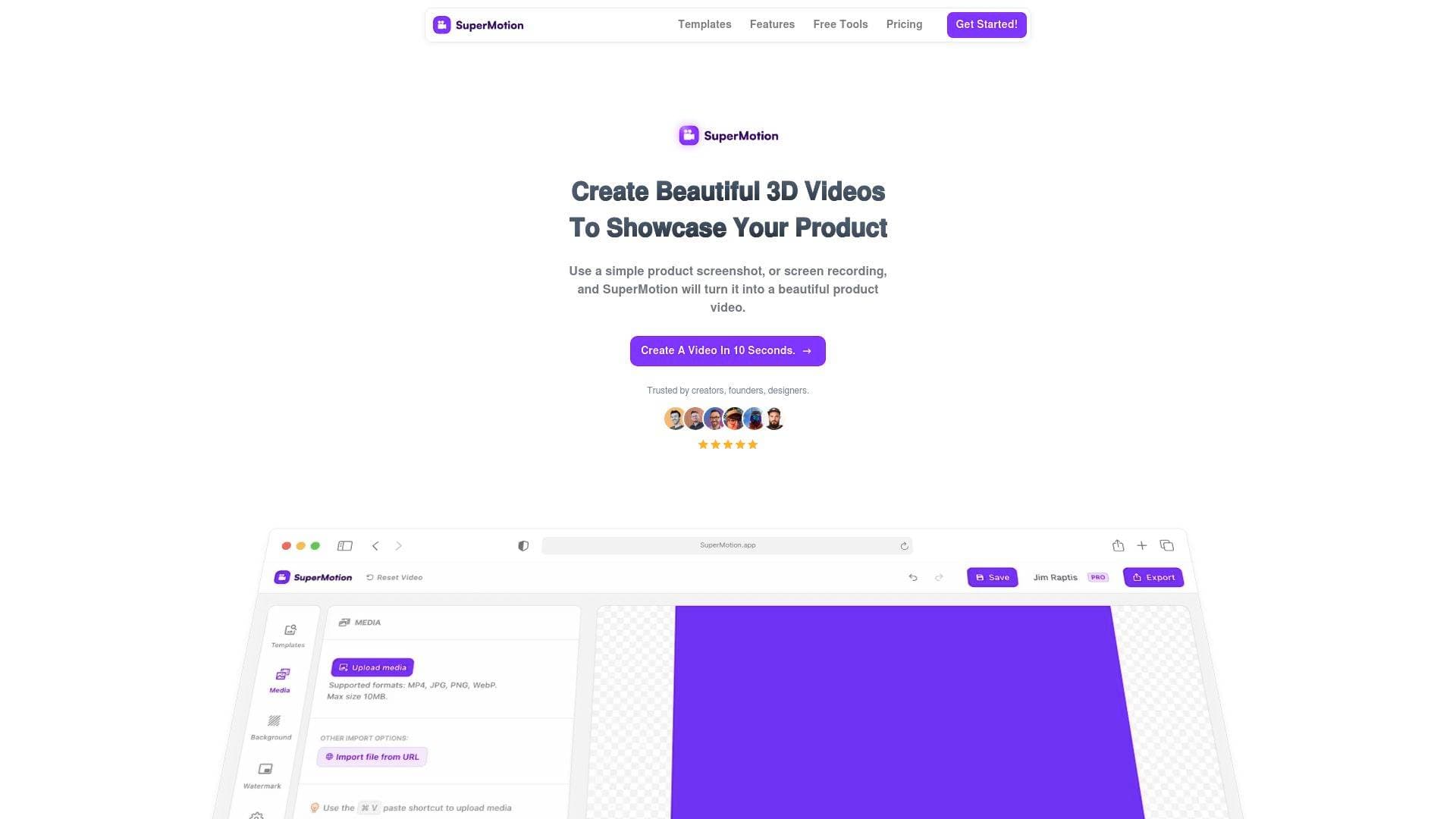 Supermotion interface screenshot showing main features and user interface