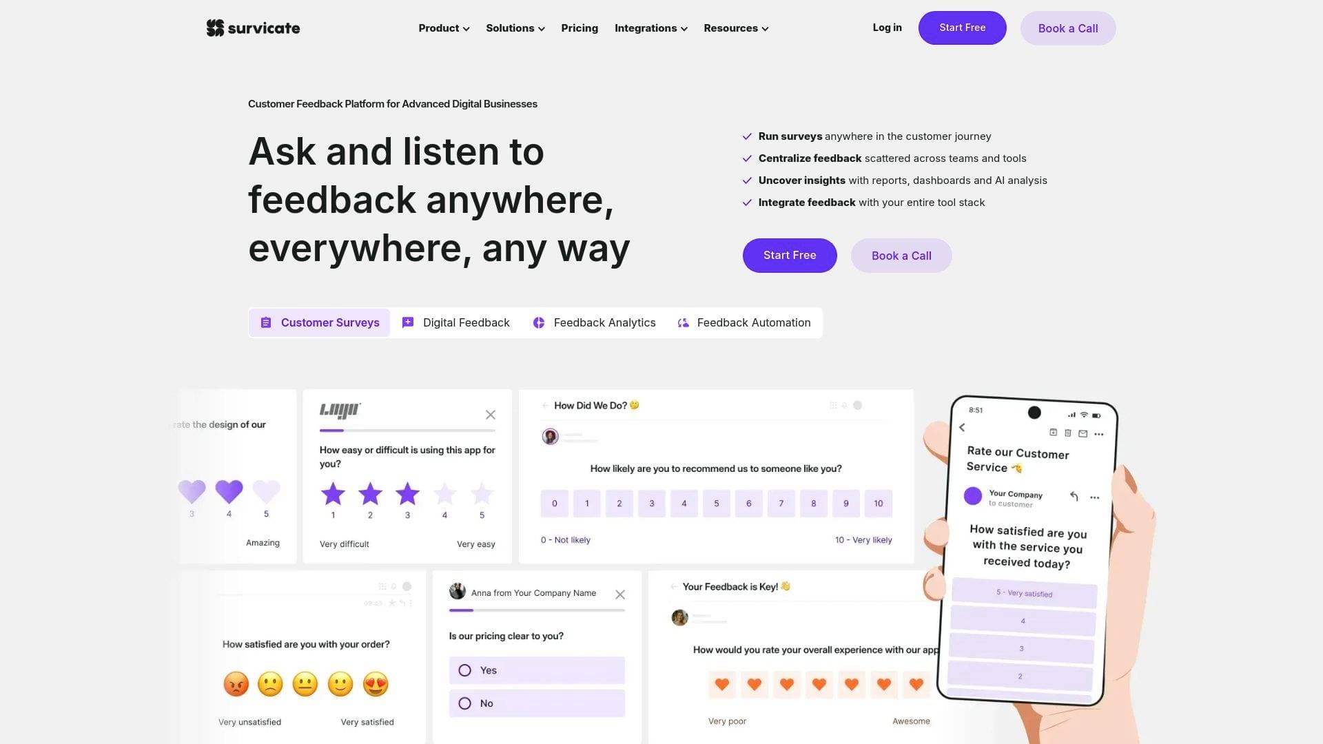Survicate interface screenshot showing main features and user interface