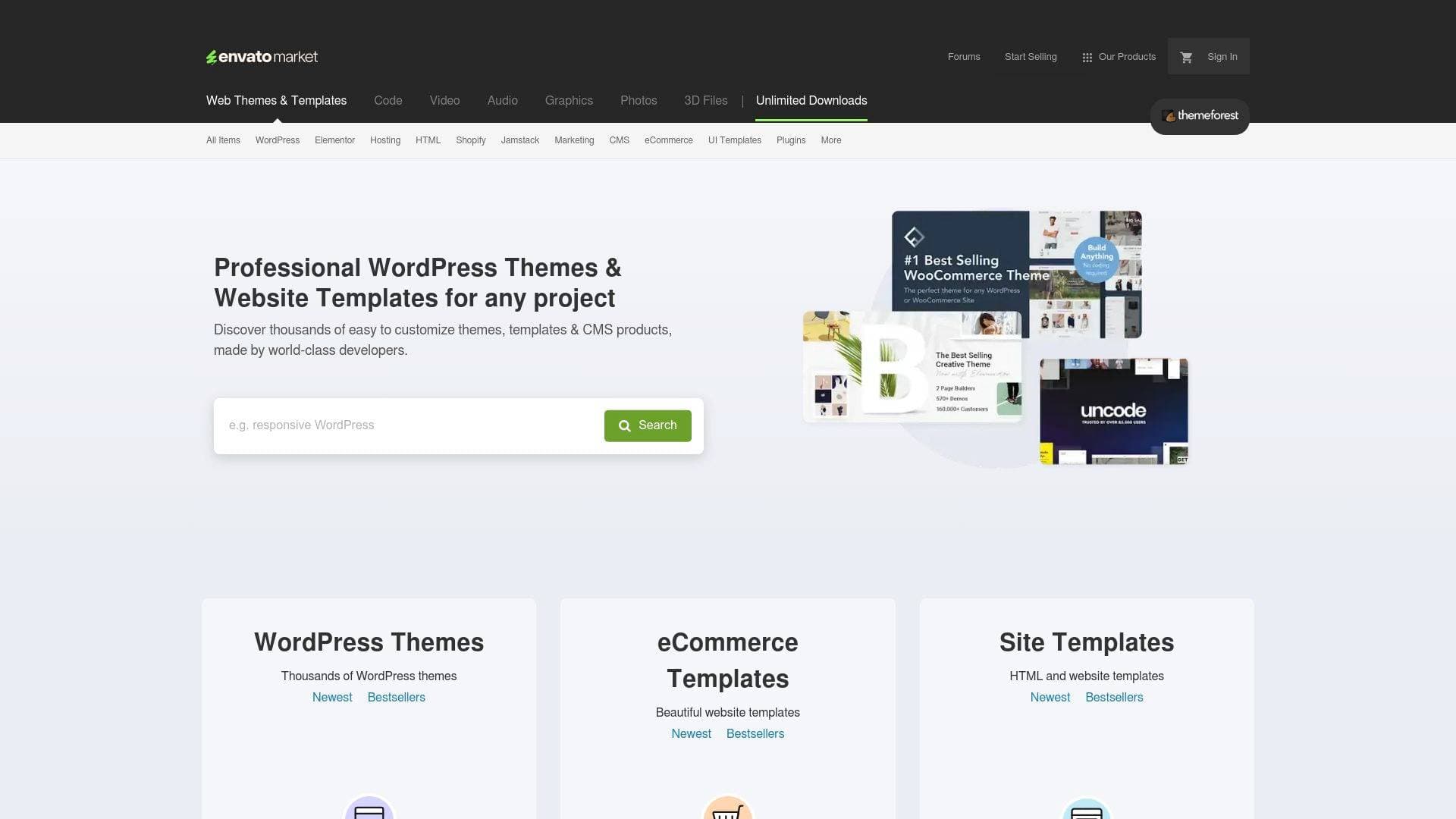 ThemeForest interface screenshot showing main features and user interface