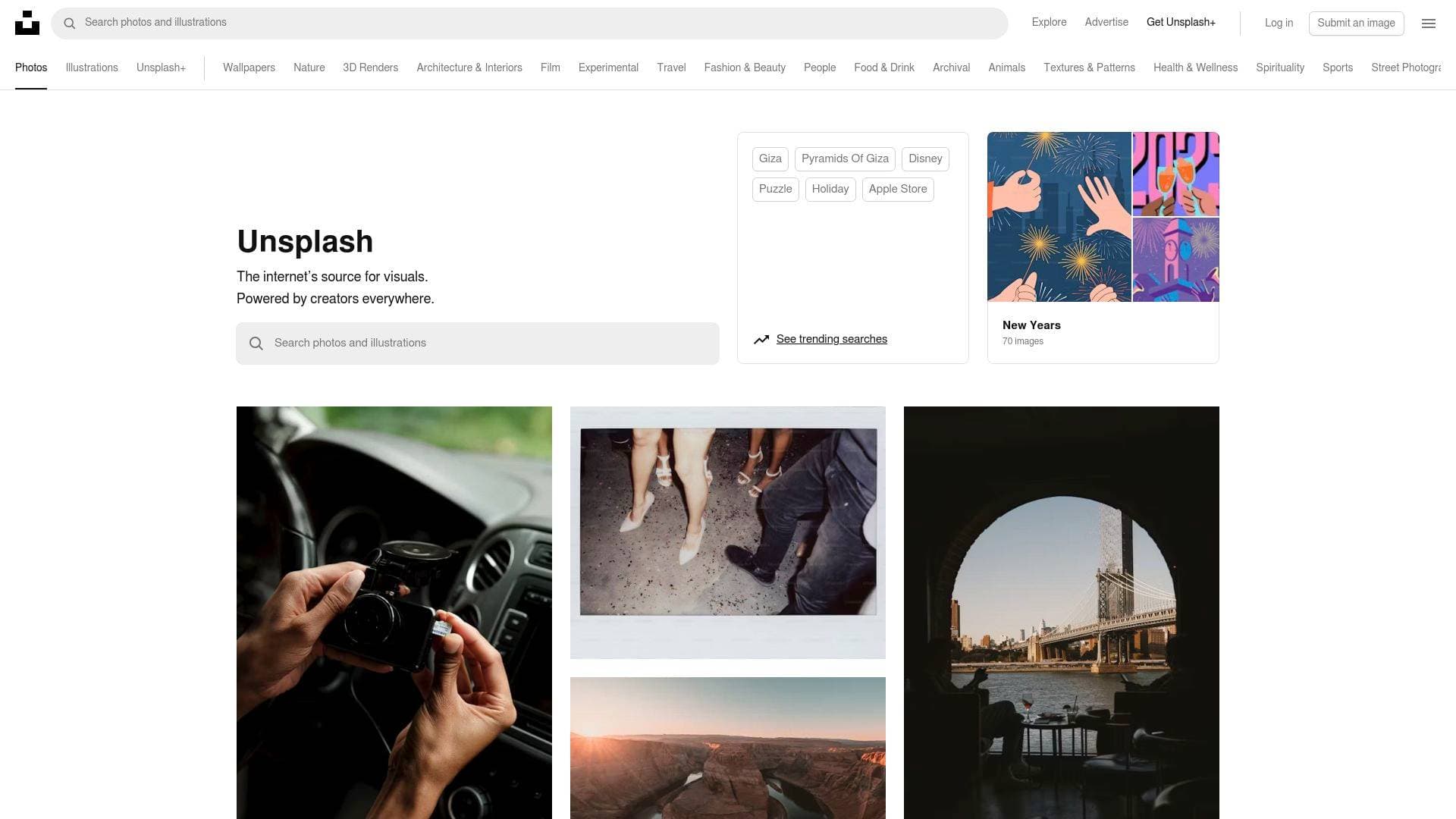 Unsplash interface screenshot showing main features and user interface