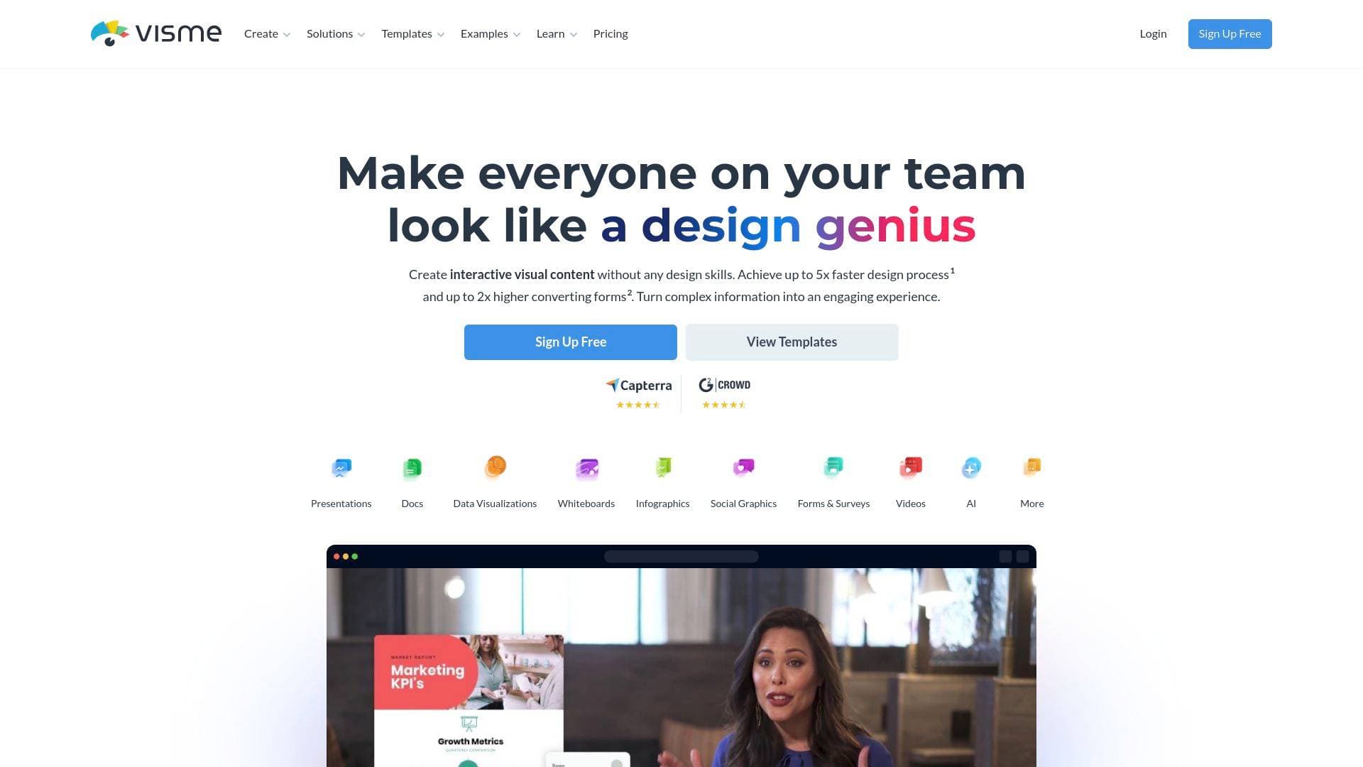 Visme interface screenshot showing main features and user interface