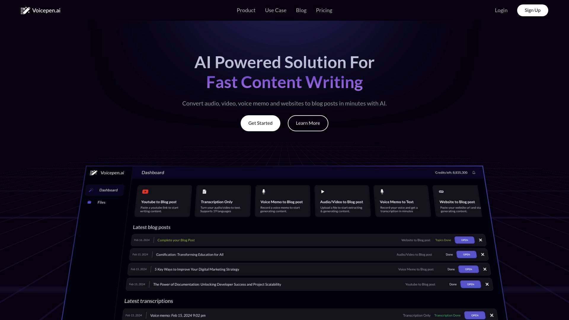 VoicePen interface screenshot showing main features and user interface