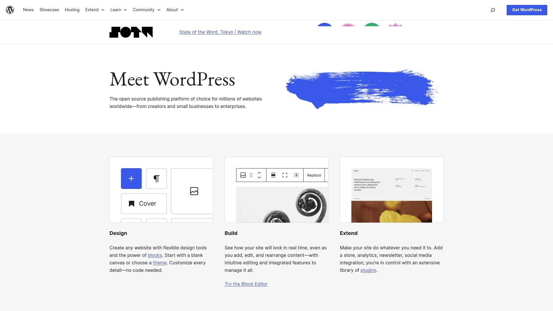 WordPress interface screenshot showing main features and user interface